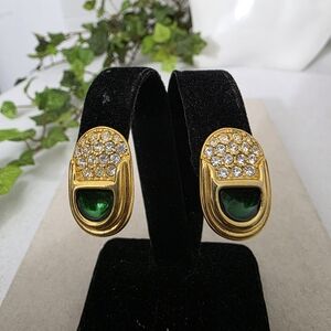 Gold Clip On Earrings With Green Enamel And Pave Rhinestones